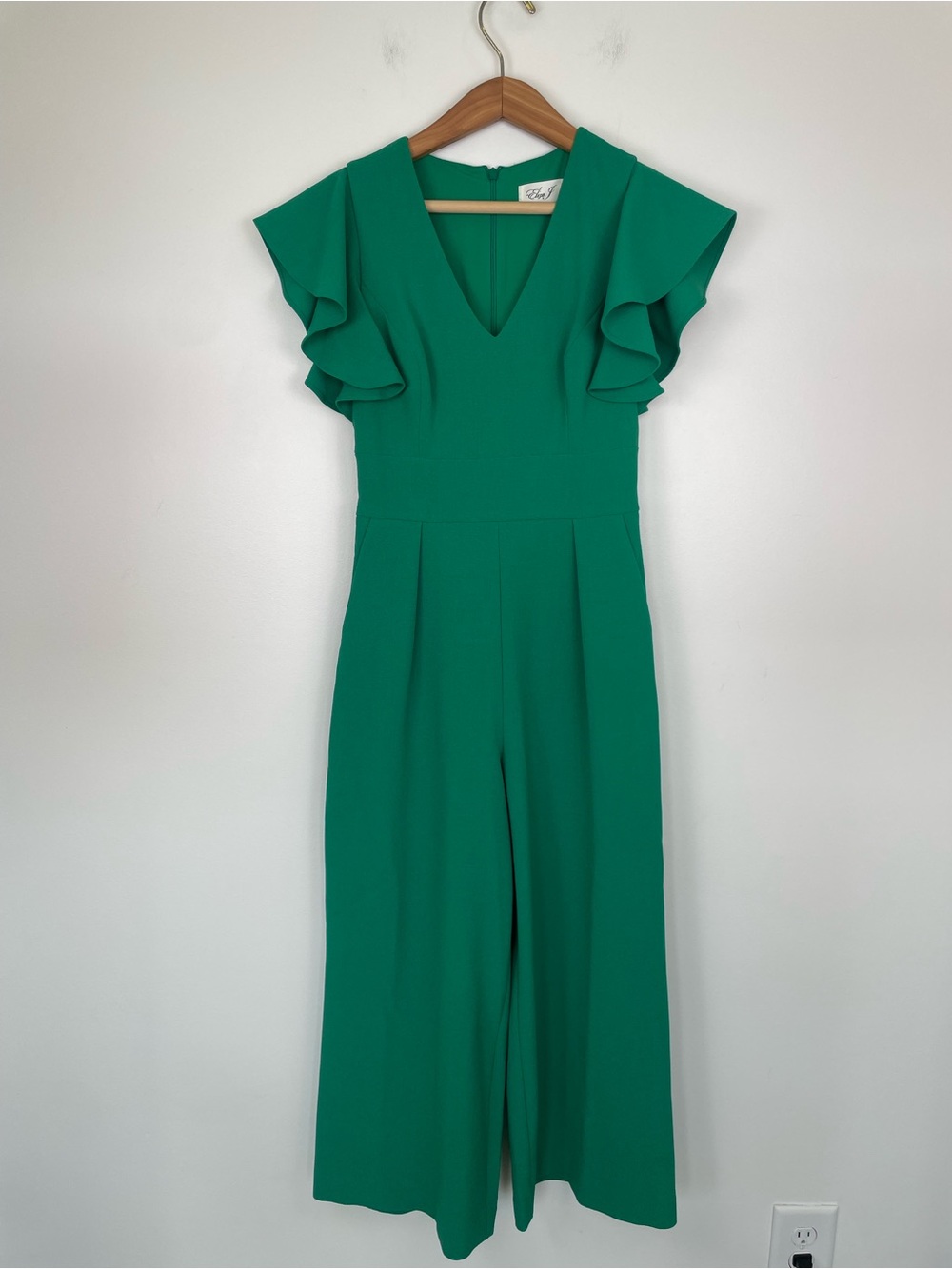 Eliza J Emerald Green Flutter Sleeve Cropped Jumpsuit Wide Leg Size 0 Wedding